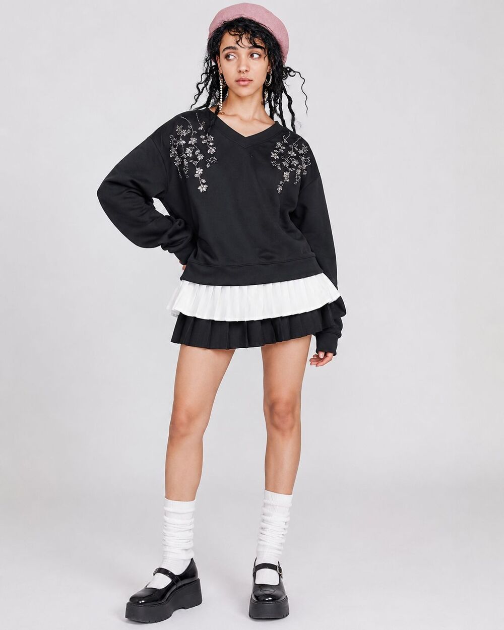 Calligraphy Cotton Sweater Boxy Top Women Medium Black Vneck Rhinestone Workwear